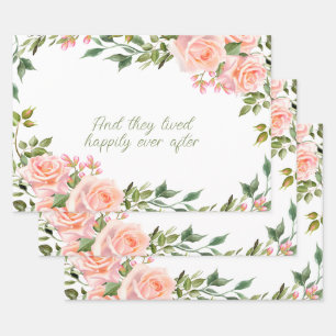 Pink Roses Watercolor Flowers Frame  Wrapping Paper Sheet