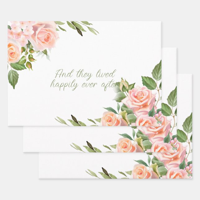 Pink Roses Watercolor Flowers Frame  Wrapping Paper Sheet (Set)