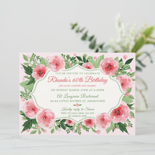 Pink Roses Watercolor Ladies 60th Birthday  Invitation (Standing Front)