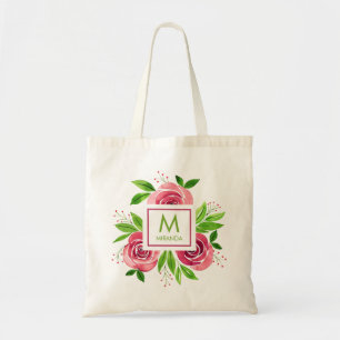 Pink Roses Watercolor Monogram Personalized Tote Bag