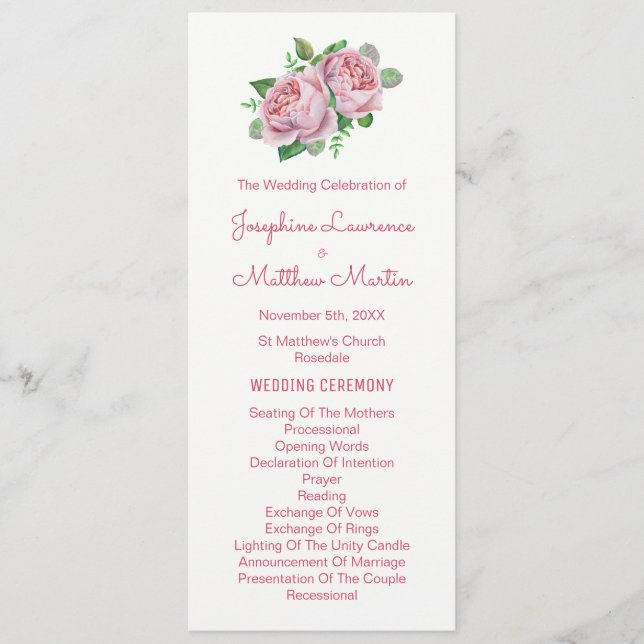 Pink Roses Watercolor Wedding Programs Programme (Front)
