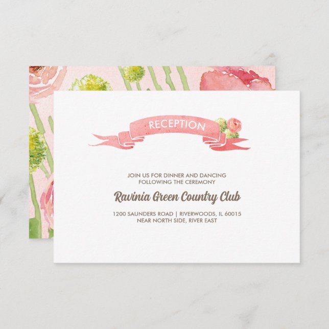 Pink Roses Watercolor Wedding Reception Card (Front/Back)