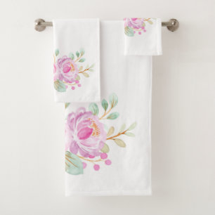 Pink Roses Watercolors On White Bath Towel Set