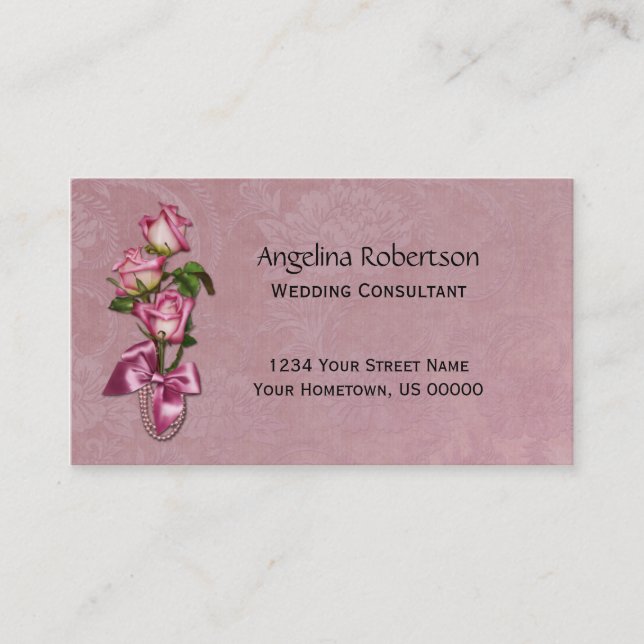 Pink Roses Wedding Consultant Business Cards (Front)