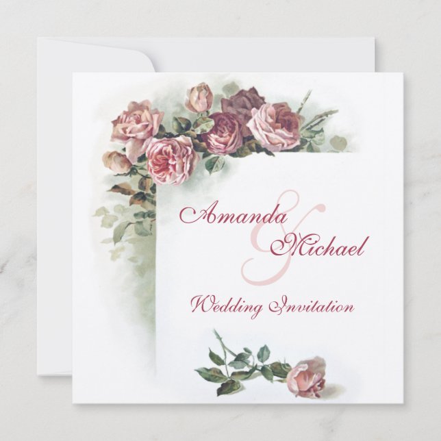 Pink roses wedding invitation (Front)
