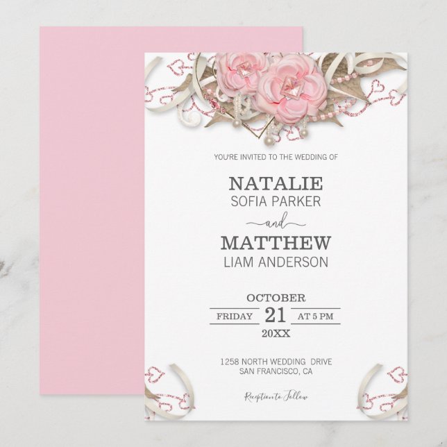 Pink  Roses Wedding Invitation (Front/Back)