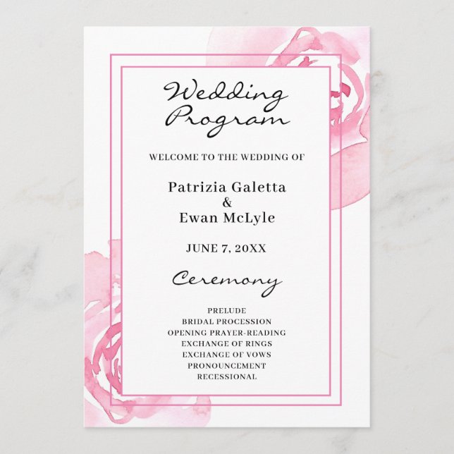 Pink Roses  Wedding Program  Programme (Front)
