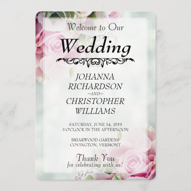 Pink Roses Wedding Program Programme (Front)