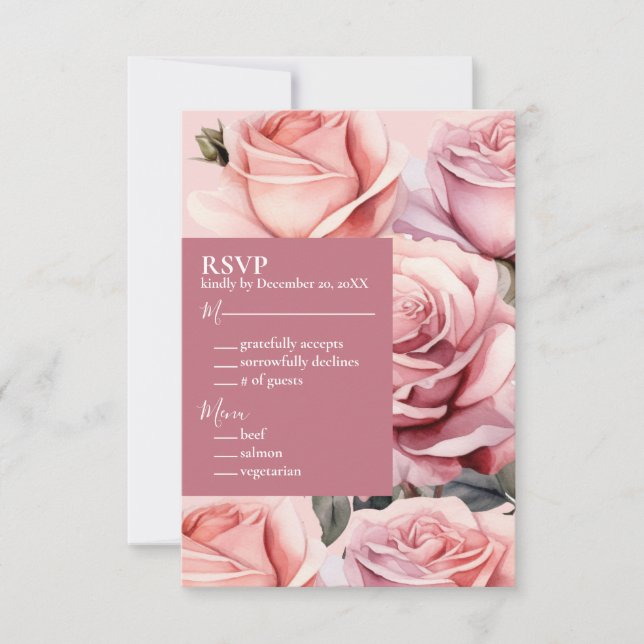 Pink Roses Wedding RSVP Response Card (Front)