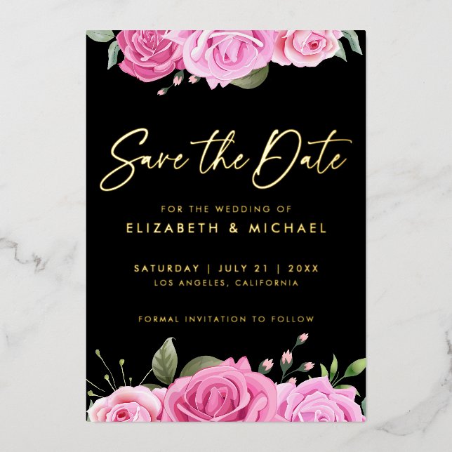 Pink Roses Wedding Save The Date Foil Invitation (Front)