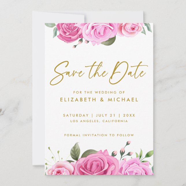 Pink Roses Wedding Save The Date Invitation (Front)