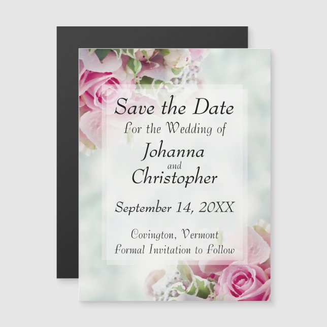 Pink Roses Wedding Save the Date Magnetic Card (Front/Back)