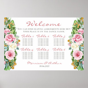 Pink Roses Wedding Seating Chart 36"x24"