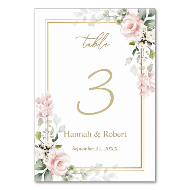Pink Roses Wedding Table Number Card (Front)