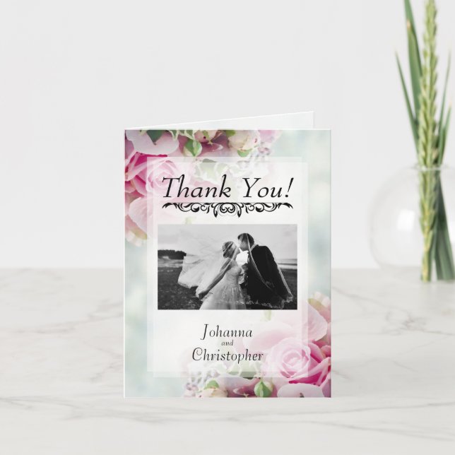 Pink Roses Wedding Thank You Card with Photo (Front)