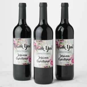 Pink Roses Wedding Wine Bottle Label Thank You