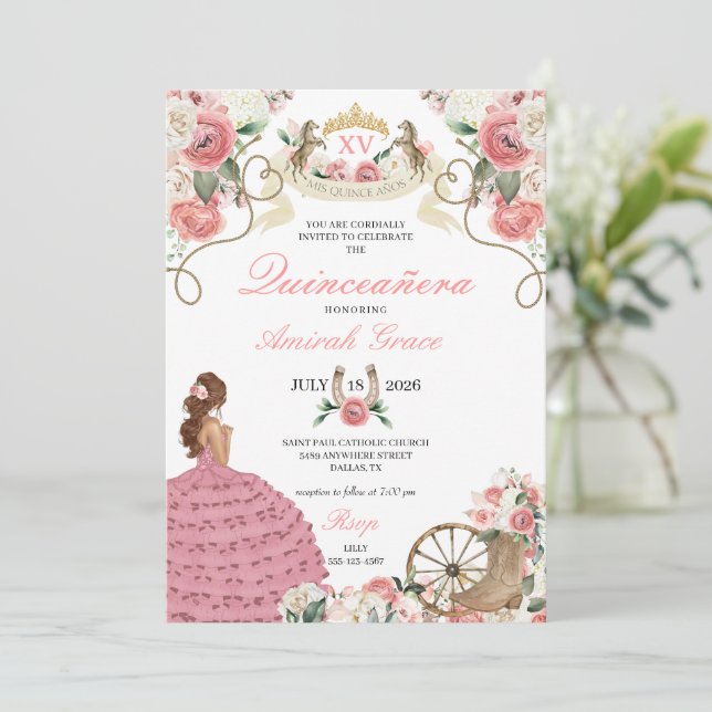 Pink Roses Western Charro Cowgirl Quinceañera Invitation (Standing Front)