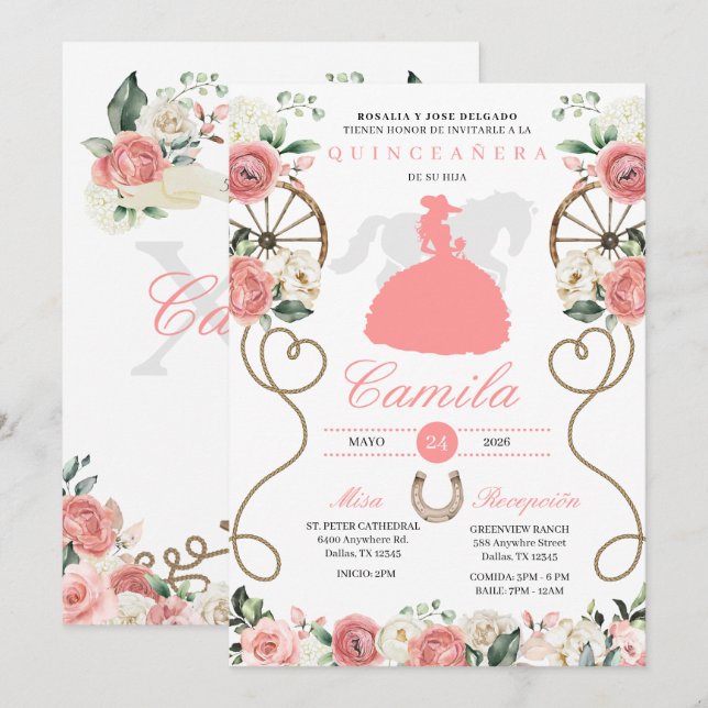 Pink Roses Western Mariachi Charro Quinceañera Invitation (Front/Back)