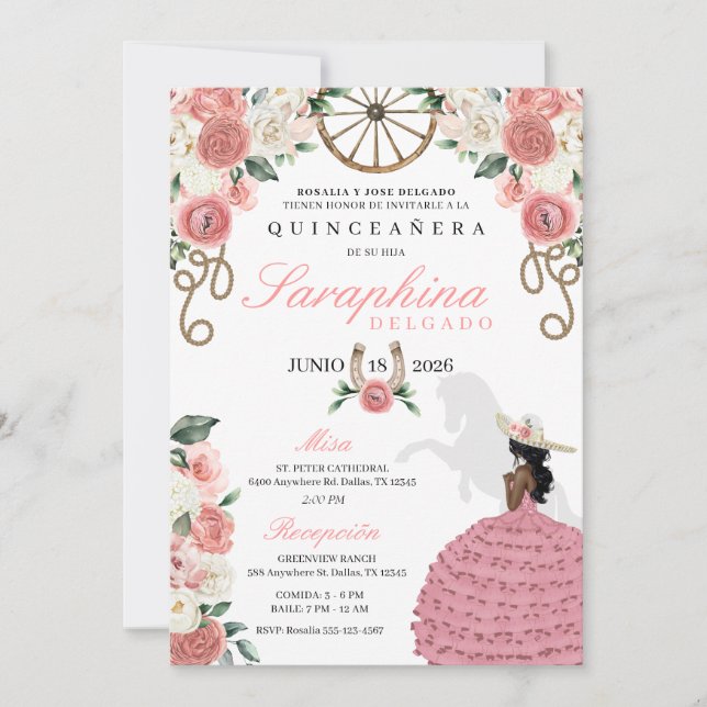 Pink Roses Western Mariachi Cowgirl Quinceañera Invitation (Front)