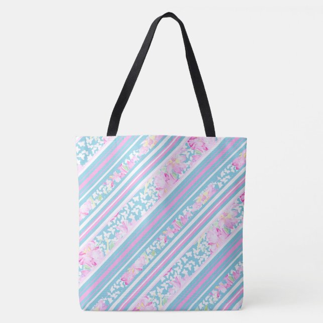 Pink Roses, White Butterflies and Matching Stripes Tote Bag (Front)