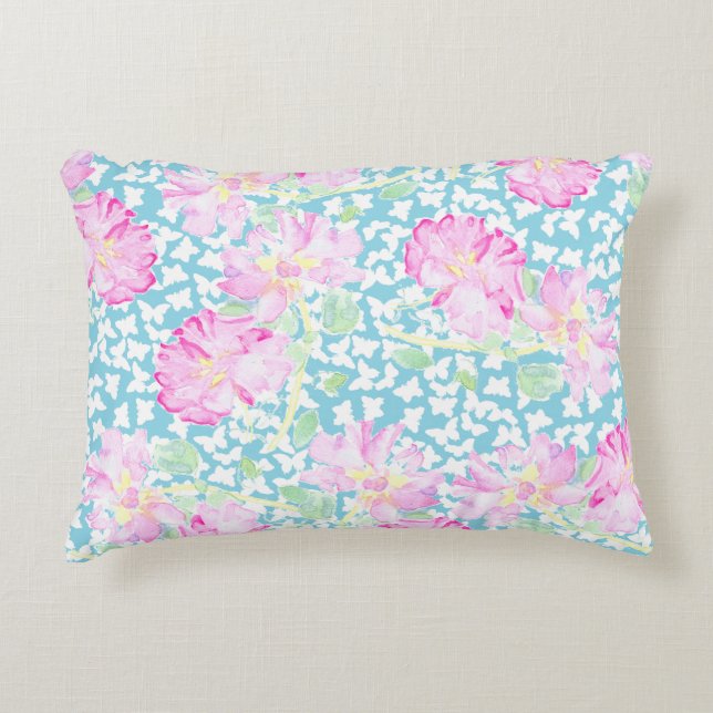 Pink Roses, White Butterflies Blue Accent Pillow (Front)