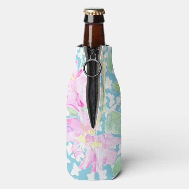 Pink Roses, White Butterflies Blue Bottle Cooler (Bottle Back)