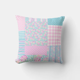 Pink Roses White Butterflies Blue Faux Patchwork Cushion