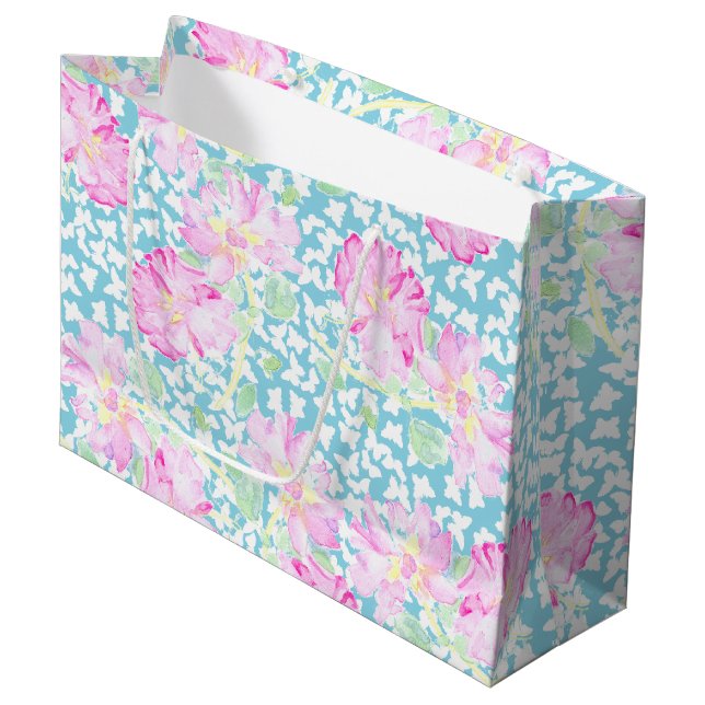 Pink Roses White Butterflies, Blue Large Gift Bag (Front Angled)