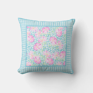 Pink Roses, White Butterflies, Check Gingham Cushion