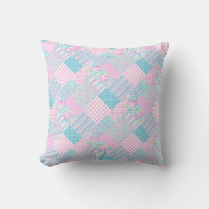 Pink Roses White Butterflies Faux Patchwork Pillow
