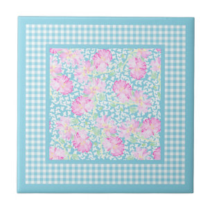 Pink Roses White Butterflies Gingham Ceramic Tile