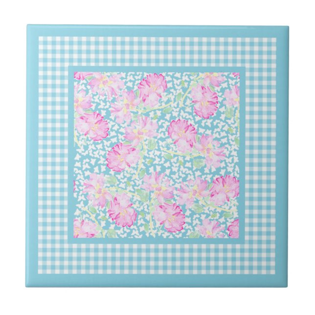 Pink Roses White Butterflies Gingham Ceramic Tile (Front)