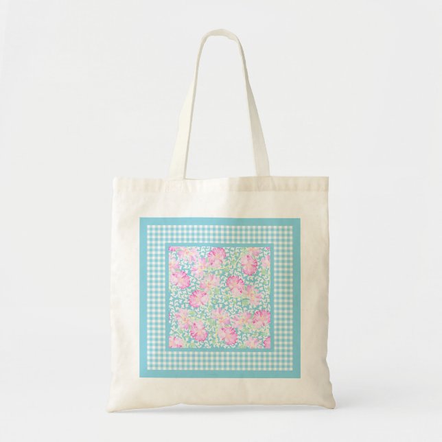 Pink Roses, White Butterflies, Gingham Tote Bag (Front)