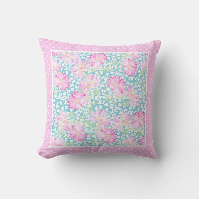Pink Roses, White Butterflies on Blue, Polka Dots Cushion (Front)