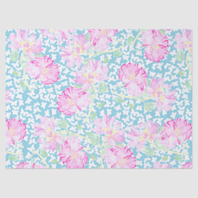 Pink Roses, White Butterflies on Blue Tissue Paper (Front)
