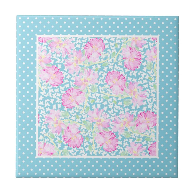 Pink Roses White Butterflies Polkas Ceramic Tile (Front)