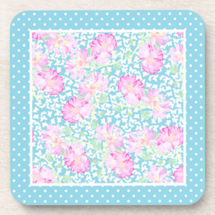 Pink Roses White Butterflies Polkas Coasters Set