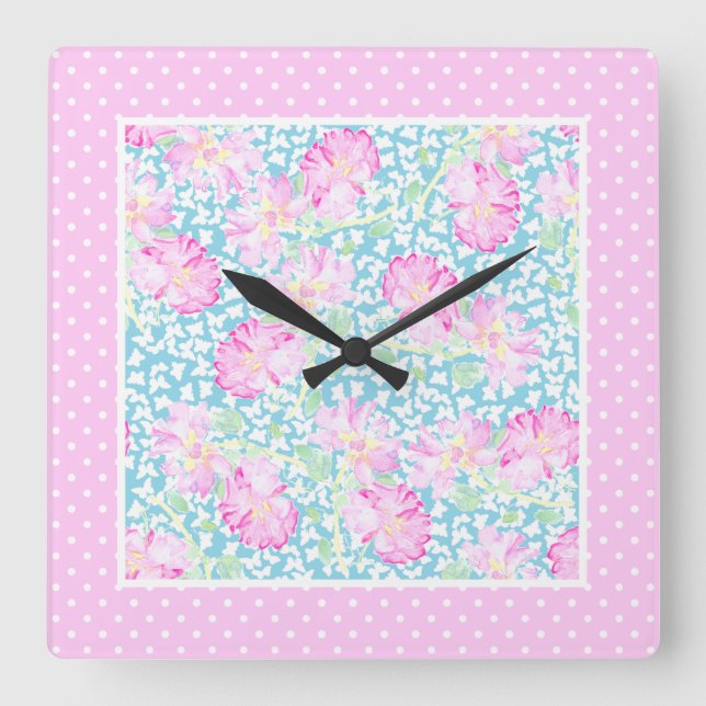 Pink Roses White Butterflies Polkas Wall Clock (Front)