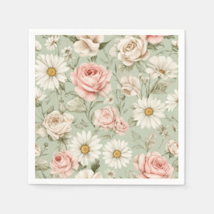 Pink Roses White Daisies Floral Napkin
