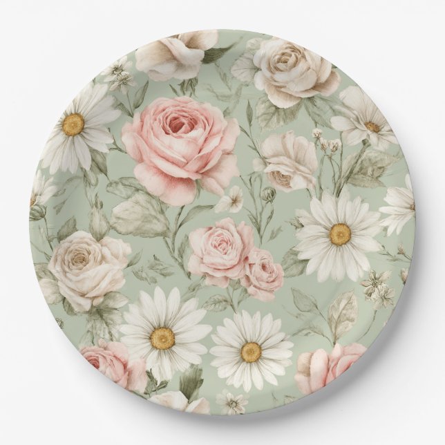 Pink Roses White Daisies Floral  Paper Plate (Front)