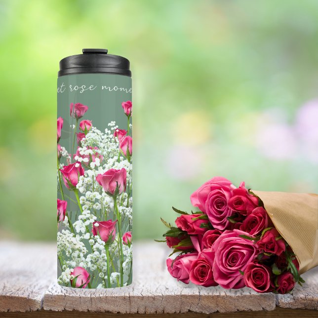 Pink Roses White Flowers Sweet Green Inspirational Thermal Tumbler (Creator Uploaded)