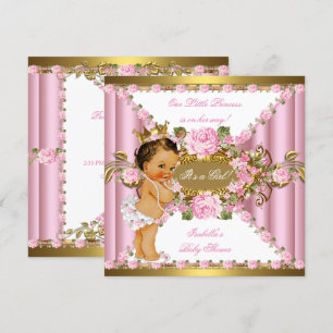 Pink Roses White Gold Princess Baby Shower Br2 Invitation
