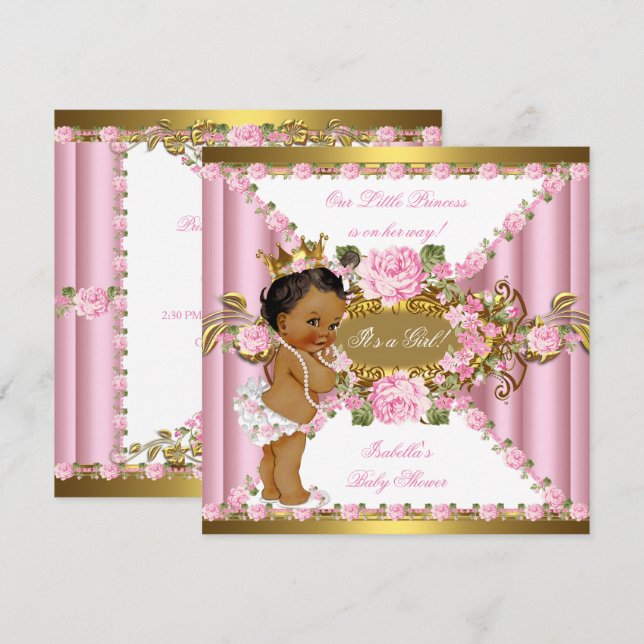 Pink Roses White Gold Princess Baby Shower Ethnic Invitation (Front/Back)