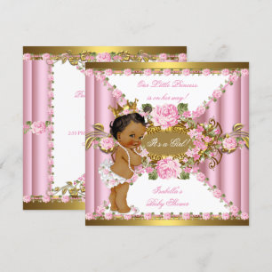 Pink Roses White Gold Princess Baby Shower Ethnic Invitation