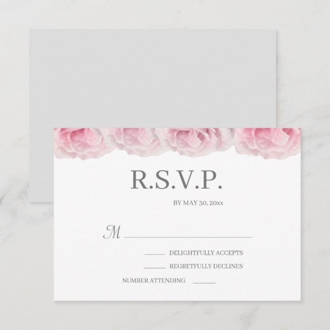 Pink Roses White Grey Elegant Floral Wedding RSVP Invitation (Front/Back)