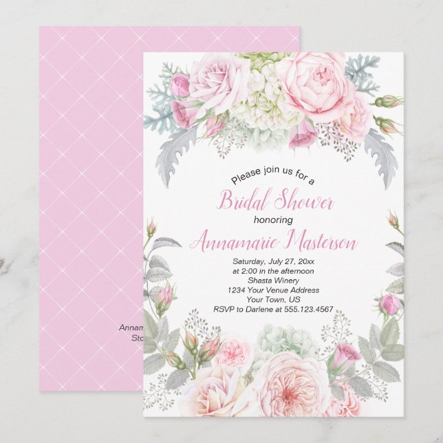 Pink Roses White Hydrangeas Greenery Bridal Shower Invitation (Front/Back)