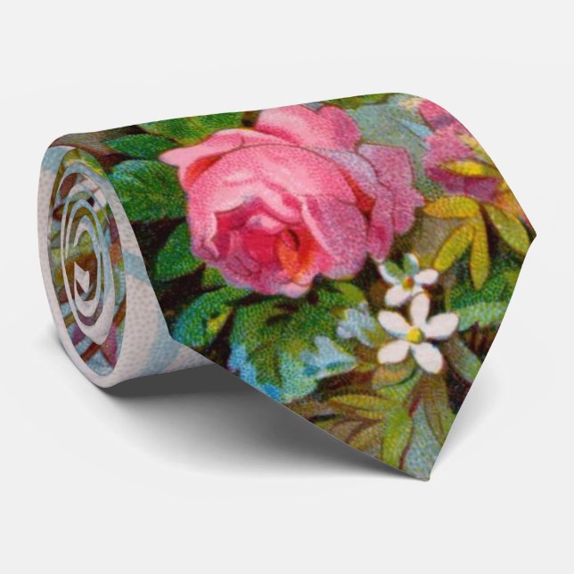 PINK ROSES, WHITE JASMINES,GREEN LEAVES Floral Nec Tie (Rolled)