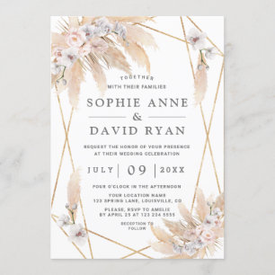 Pink Roses White Orchid Pampas Grass Gold Wedding Invitation