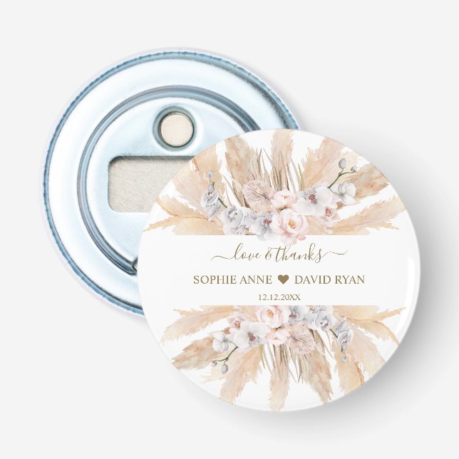 Pink Roses White Orchid Pampas Grass Wedding   Bottle Opener (Front)