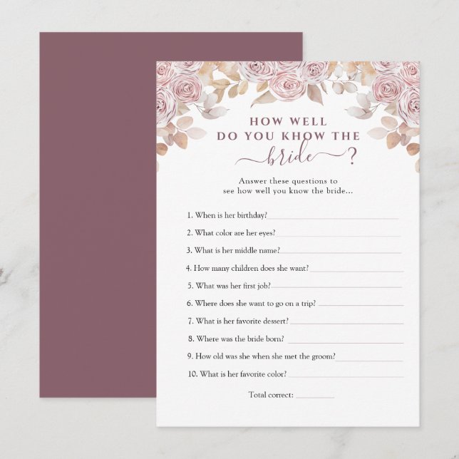  Pink Roses Who Knows the Bride Best Game Card (Front/Back)